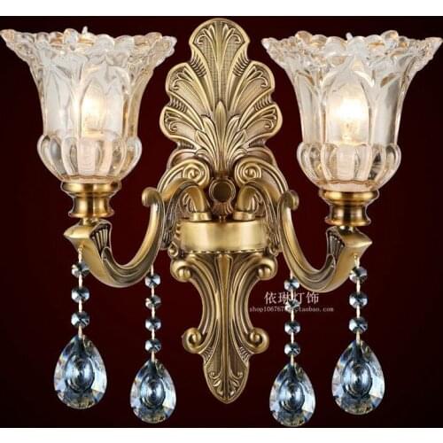 European luxury copper wall lamp corridor bedroom bedside lamp creative personality LED double head crystal wall lamp