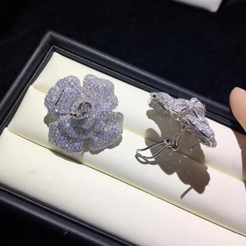 Hyperbole 925 sterling silver with cubic zircon flower stud earring big flower large earring camellia rose blue white color