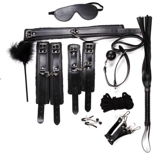 Sex Products 10pcs/Set SM Bondage Set Leather Fetish Adult Games Blindfold leather whip mouth ball handcuffs cotton rope Toy Set