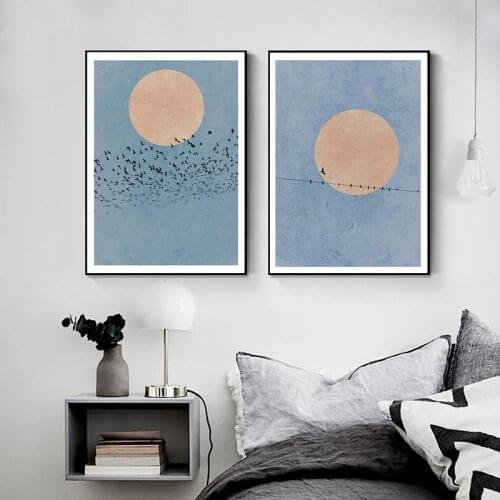 Antique Abstract Birds Blue Sky Canvas Paintings Poster Print Nordic Simple Wall Art Picture for Living Room Home Decor Cuadros