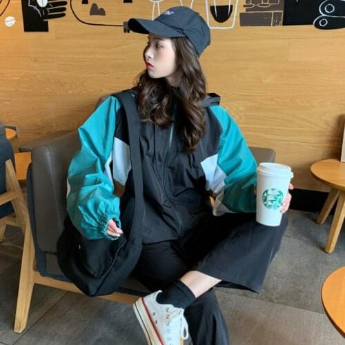 Womens Summer Windbreaker 2020 Spliced Color Plus Size Jacket With Hooded Loose Harajuku Sunscreen Coat Women Hip Hop Thin