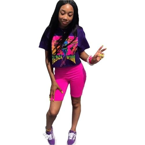 Fashion 2 piece set women short sleeve top and biker shorts two piece set streetwear spliced tide outfit SYT3159