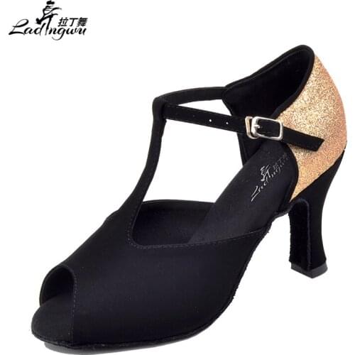 Ladingwu Black Flannel Collocation Golden Flash zapatos de baile latino mujer Shoes For Ballroom Dancing sandalias de baile