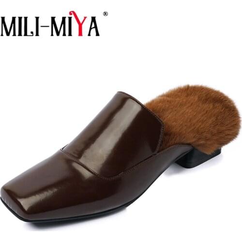 MILI-MIYA Fashion Square Toe Women Cow Leather Pumps Rabbit Hair Comfortable Low Thick Heels Slip On Size 34-40 Dress Part Mules