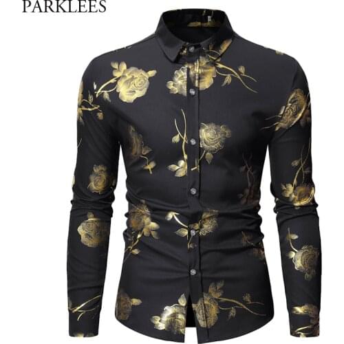 Gold Rose Floral Bronzing Black Shirt Men 2019 Spring New Slim Fit Long Sleeve Dress Shirts Mens Party Wedding Nightclub Chemise