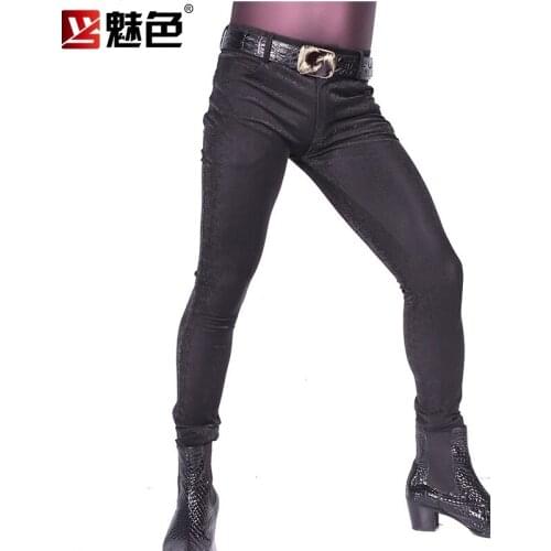 MEISE Men Sexy Pants 3D Print Punk Elastic Tight Trousers PU Faux Leather Shiny Pencil Pants Glossy Stage Casual Pencil Pants