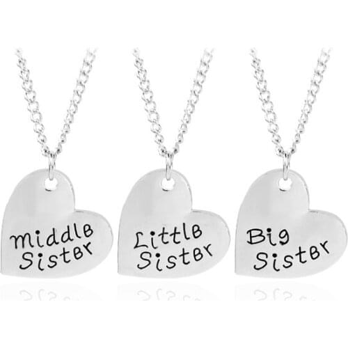 New Arrival Big Sis Middle Sis Little Sis Gold Silver Plated Necklace Lettering Heart Pendant For Sisters Christmas Jewelry