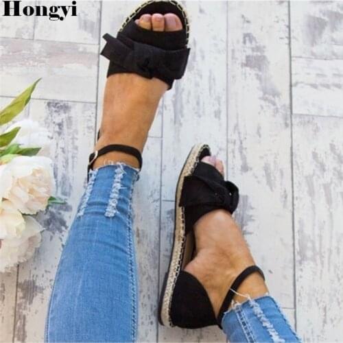 Canvas Espadrille Flats Women Ankle Strap Hemp Bottom Open Toe Fisherman Shoes Bowtie Spring/Autumn Women Loafers Plus Size 44