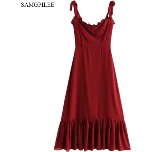 Samhpilee Summer Solid Fit And Flare Ruffles Sexy Strap Dress Women Empire Trumpet Sleeveless Beach Belt Boho Holiday Dresses