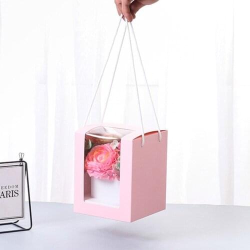 Flower Gift Paper Boxes Clear Window Transparant Square Portable Gift Packing Boxes Flower Bags
