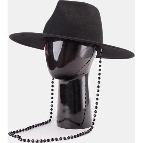 Wool Black Fedoras Hat For Women Men Wide Brim Pearl Chain Panama Casual Boater Hat Wedding Party Church Floppy Warm Winter Hat