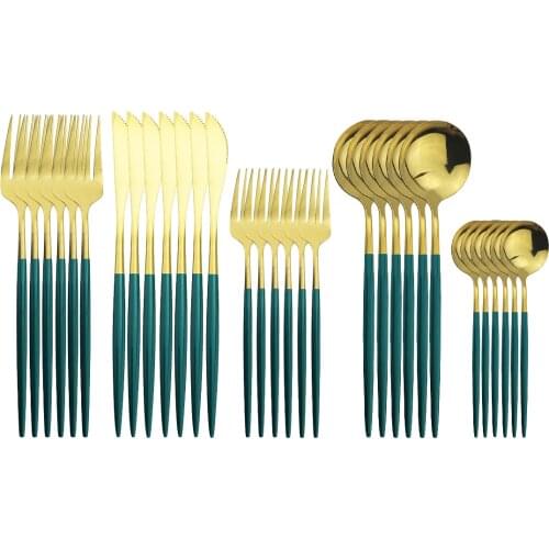 Silverware 30Pcs/Set Green Gold Cutlery Set 18/10 Stainless Steel Dinnerware Set Knife Dessert Fork Spoon Kitchen Tableware Set