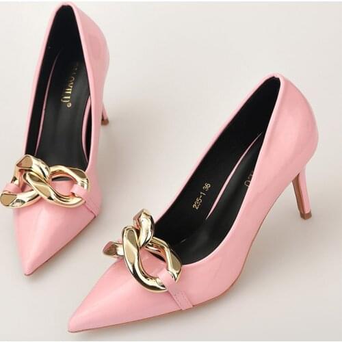 Pink Green Thin High Heels Pumps Shoes Women Fashion Pointed Toe Metal Chain Work Shoes Vintage Elegant Shallow Pumps For Party