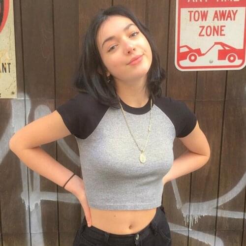 Women Summer T-Shirt Short Sleeve Round Neck Colorblock Crop Top Casual Fashion Clothes