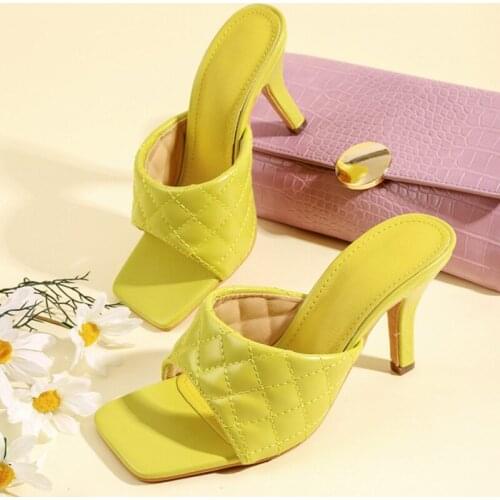 Women Slippers 2021 Summer NEW Sexy High Heels 9CM Leather Square Toe Sandals Fashion Slip On Thin Heels Slides Women Mules