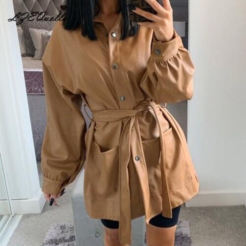 LZEQuella Women PU Faux Leather Shirt Dress Long Sleeve Belt Pockets Mini Autumn Party Dresses Night Club Fashion Streetwear