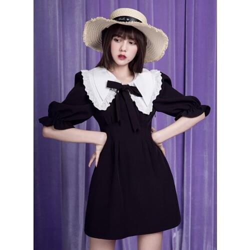 Fashion Women Peter Pan Collar Puff Sleeve Dress Cute Retro Gothic Black White Dresses Casual Slim 2021 Korean Sweet School Girl