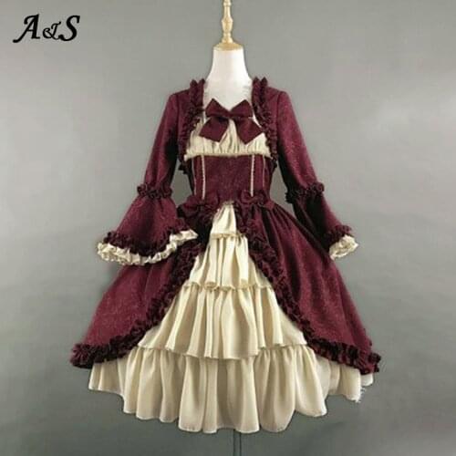 Anbenser Vintage Palace Lolita Dress Women Sweet Princess Square Collar Lace Bowknot High Waist Long Victorian Gothic Dress Girl