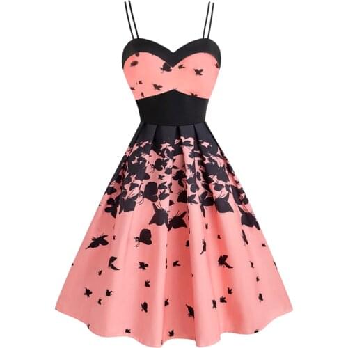 Summer Party Slip Dress Pink 50s Vintage Butterfly Print Women Dress Elegant Ladies Double Spaghetti Strap Sexy Dress Robe Femme