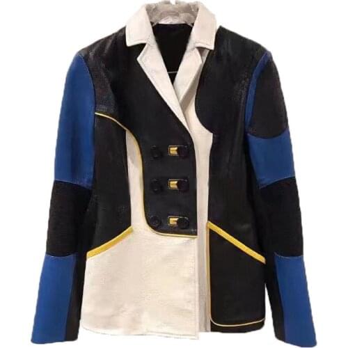 Lady Quality High Overcoat Import Goat Skin Women Coat Spring New Fashion Colorful Sheepskin Patchwork Female Clothes