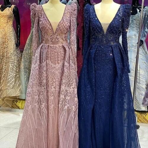 2021New Design Square Neck Nail Bead Diamonds Embroidery Evening Dress Pink Light Blue Color