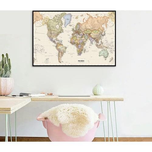 75*50cm Political Map of The World with Details Vintage Canvas Painting Art Poster School Supplies Living Room Home Decoration