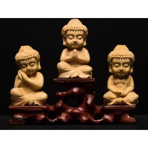 Cartoon Tathagata Buddha Wooden statue Hand carved Buddha statue Chinese Shakyamuni Buddha Home decoration ornaments