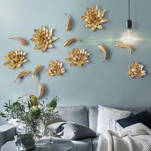 Home Decor 3D Resin Crafts Flowers Arts Wall Hanging Decorations Decoracion Habitacion Creative Peony Lotus Fish Wall Sticker