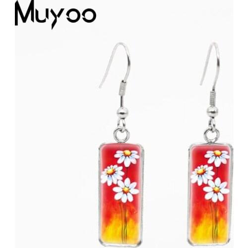 Beauty Colorful Daisy Phalaenopsis Sunflower Flowers Painting Rectangle Fish Hook Dangles Earrings