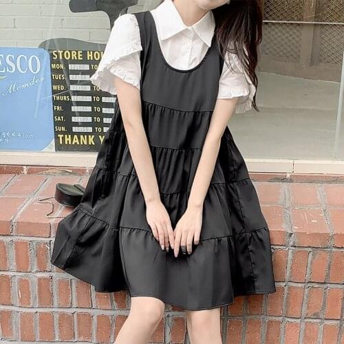 Summer Womens Dresses 2021 Fashion Short Butterfly Sleeve White Blouse Shirts+Black Strap Pleated Dress Two Piece Sets