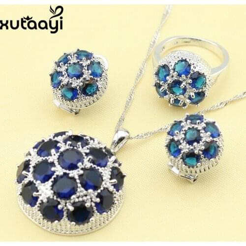 Hot-selling Fashion Silver Jewelry Sets Huge Blue Zircon Superb Necklace Rings Earrings Christmas Gift For Women