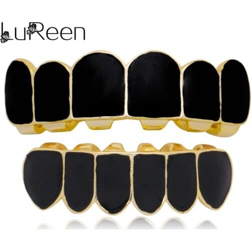 LuReen Men Hip Hop Black Teeth Grillz Top Bottom Grills Set Dental Halloween Punk Teeth Caps Cosply Tooth Jewelry