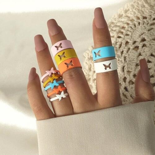 2PCS Multicolored Spray Paint Butterfly Ring Set Simple Blue White Adjustable Open Rings For Women Couple Jewelry Wedding Gift