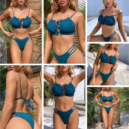 2021 New Women’s Solid Color 2Pcs Bikini Suit, Hollow Drawstring Lace-up Sling Tops with Triangle Bottoms for Swimming