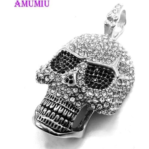 AMUMIU Men Women skull pendant necklace big heavy fashion full crystal rhinestone punk necklace jewelry Clothing Accessory P097