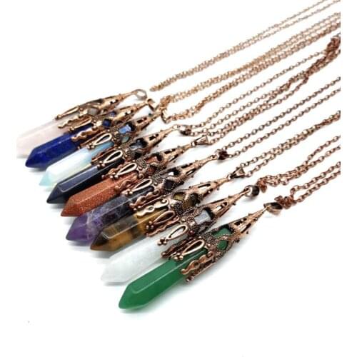 Natural Crystal Stone Pendants Antique Copper Energy Divination Pendulum Necklace Pendant Female Men Vintage Jewelry Gift