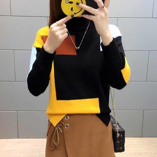 Autumn Winter Patchwork Women Pullover Sweater Autumn Loose O Neck Long Sleeve Knitted Thick Fashion Female Jumper Sweater Top
