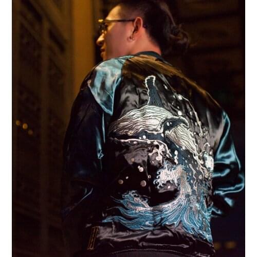 Modern Mens High Quality Reversible Jacket Embroidered Whale Waves Baseball uniform High Street Fashion Plus Size Coats L