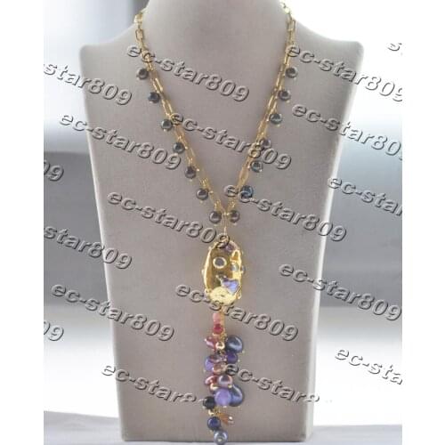 Z11387 19" Black Pearl Gold-Plating Purple Blue Gemstone Chain Grape Pendant