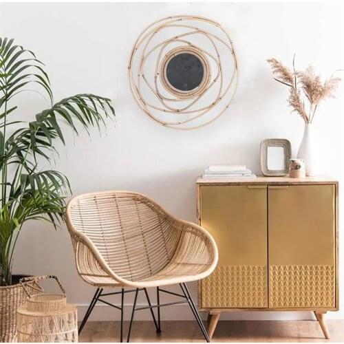 Wicker Woven Mirror Nordic Rattan Hanging Wall Decorative Mirror Art Deco Round Mirror Living Room Wall Hanging Mirror Hand-made