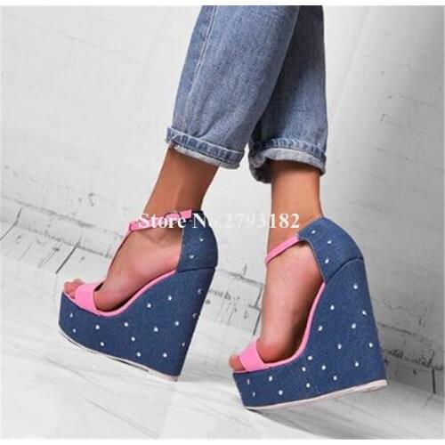 Women Fashion Open Toe Pink Blue Patchwork High Platform Sandals T-strap Multi-colors Wedge Sandals Ankle Strap Wedge Sandals