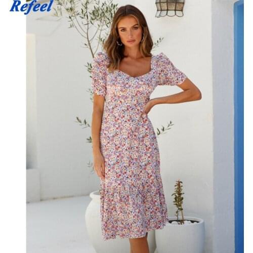 Vintage Pink Purple Small Floral Print Ruffles Dress France Back Bow Vestido Fashion Short Sleeve Women Midi Dress