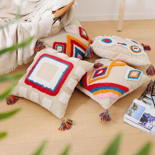 Golden Silk Hemp Cushion Cover Geometric Embroidered Tassel 45x45 Pillowcase New Style Home Cotton Pillow Case Decoration