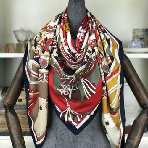 100% Women For Scarves Silk Square Shawls Scarf Plaid Print Foulard Femme Hijab Echarpe Bandana Ladies Design Muffler 130*130cm