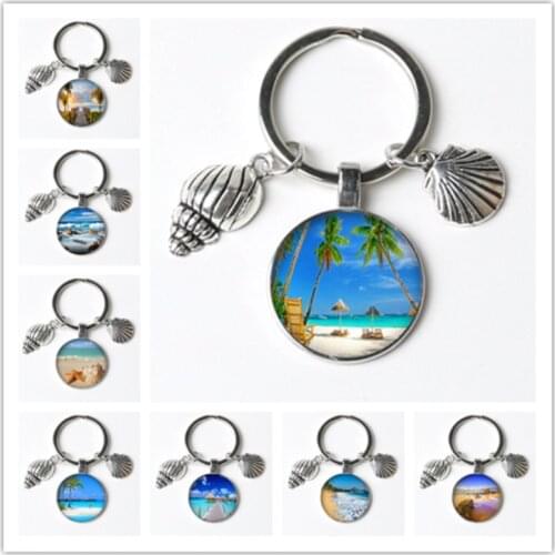 Pink Starfish Keychain Beautiful Sandy Beach Full of Starfish conch and Shells Summer Glass Key Ring for Women and Girl