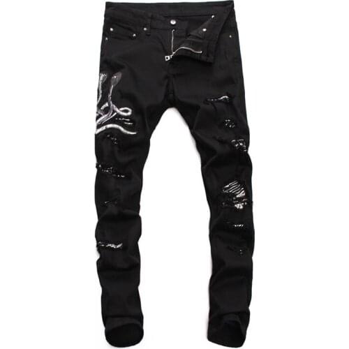 Men Jeans Black Slim Fit Cobra Embroidery Patchwork Ripped Fashion Streetwear Jeans Top Quality Brand Designer Hip Hop Jeans Men