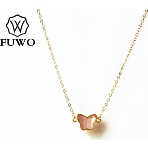 FUWO Natural Pink Shell Butterfly Shape Necklace With Gold Trimmed High Quality Brass Chain Seashell Jewelry Wholesale NC516