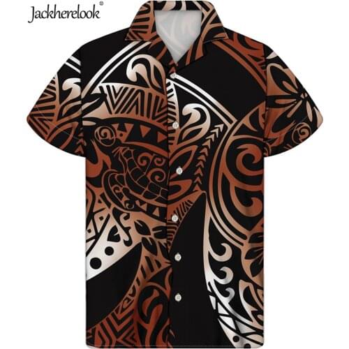 Jackherelook Vintage Men Beach Shirts Polynesian Tattoo Tribal Print Plus Size Button Down Tops Shirt Male Short Sleeved Clothes
