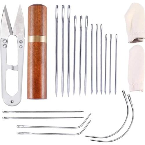KAOBUY 23PCS Leather Embroidery Needles With Needle Case, Including Curved Straight Needles And Thimble, Scissors, Finger Cot