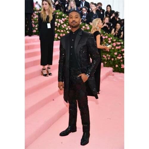 Luxury 2 Piece Men Suits 3Dflower Appliqued Sequins Custom Made Fit Slim Handsome Long Coat+Pant High Quality Formal Party Suit